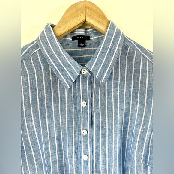 Ann Taylor Blue Striped Linen Full Button Front Belted Shirt Dress Size Medium - Picture 5 of 13